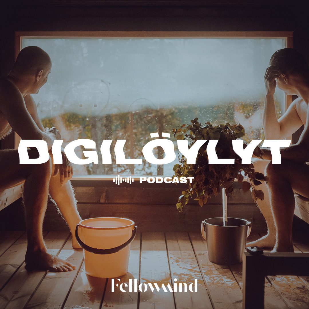 Digilöylyt podcast cover art, two people talking in a sauna