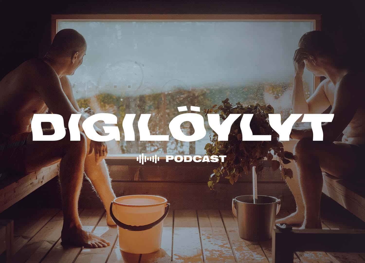 Digilöylyt podcast cover art, two people talking in a sauna