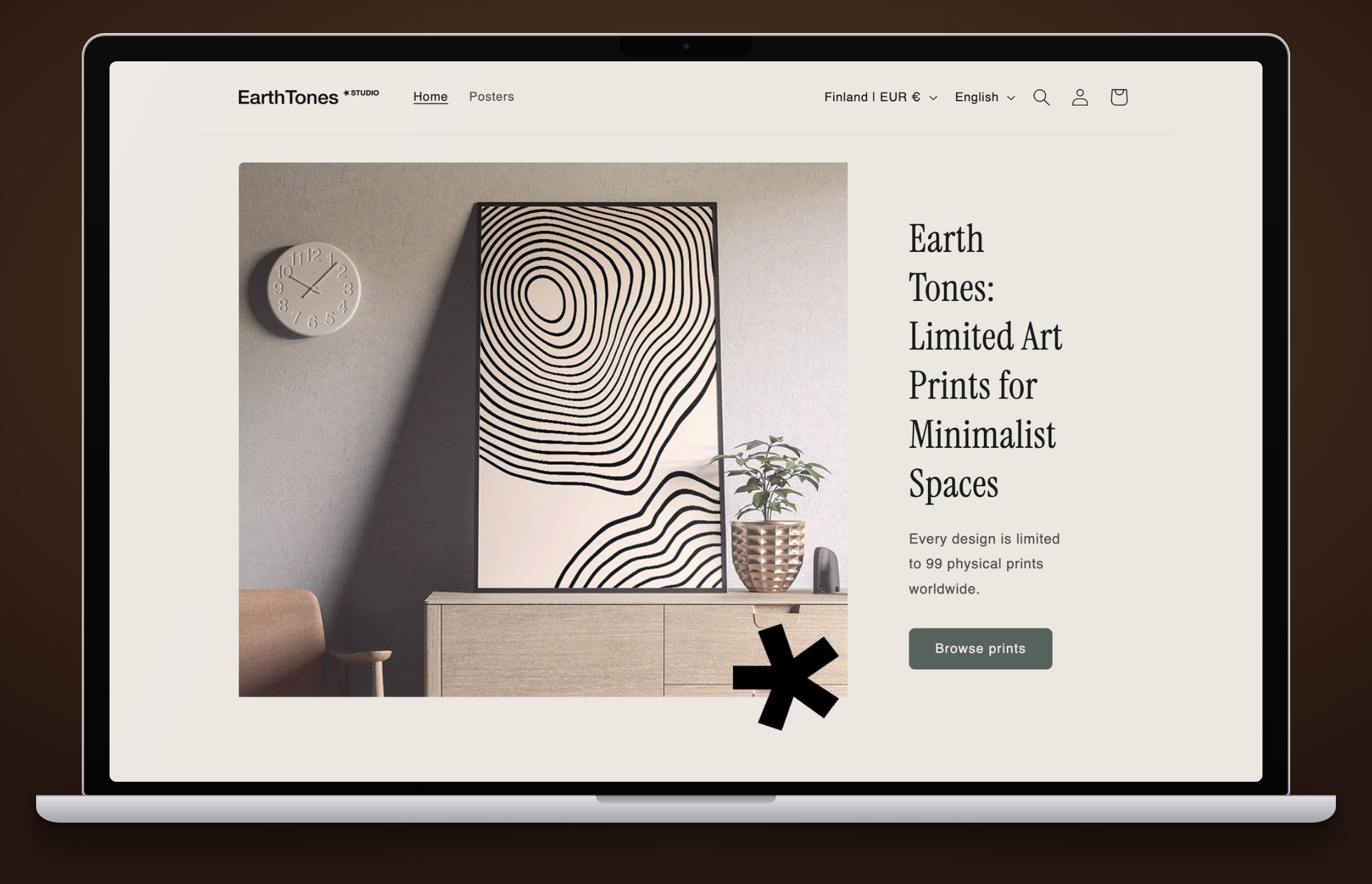The Earth Tones Studio store homepage on a MacBook
