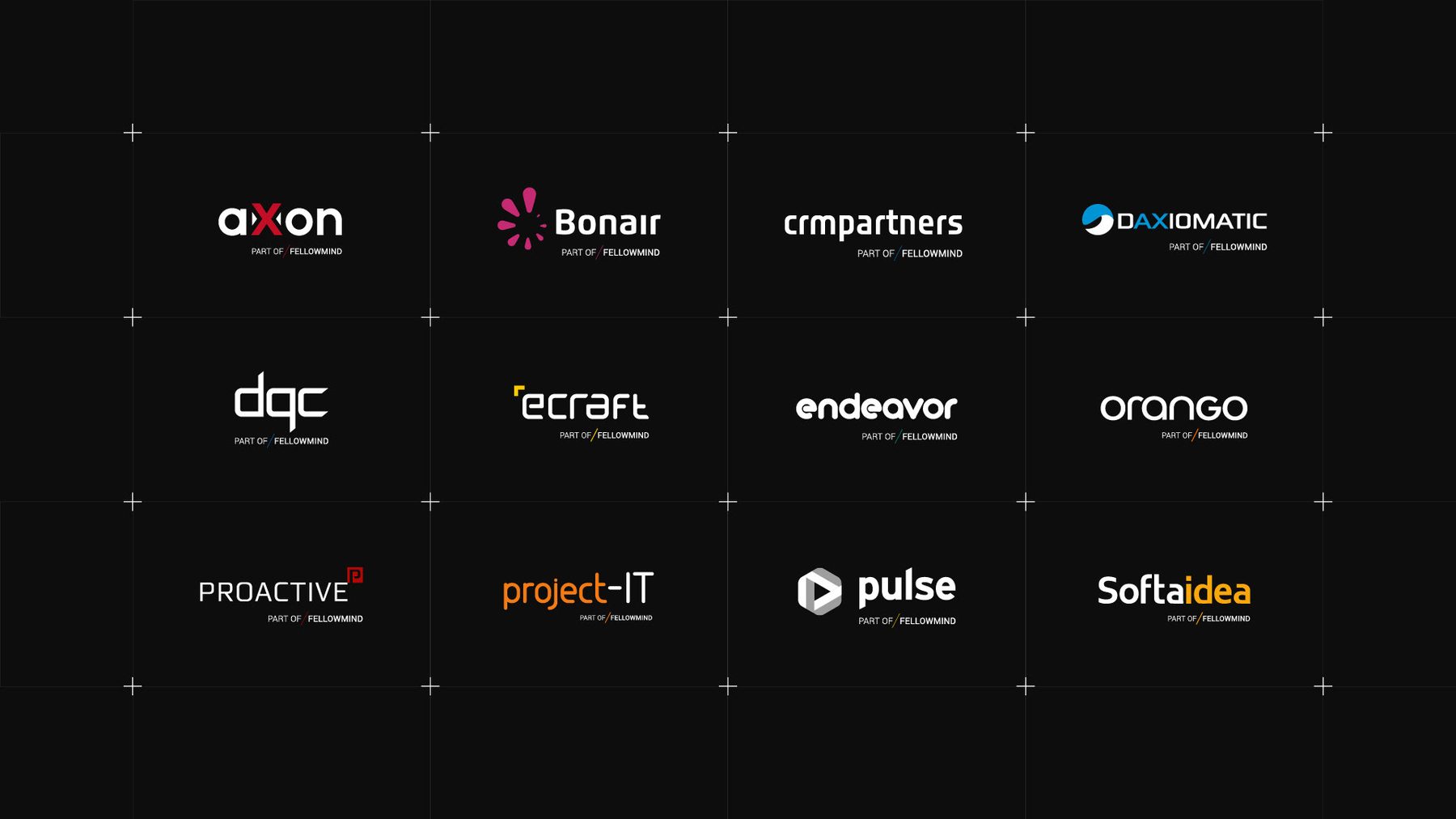 Grid of the twelve former company logos, each marked part of Fellowmind
