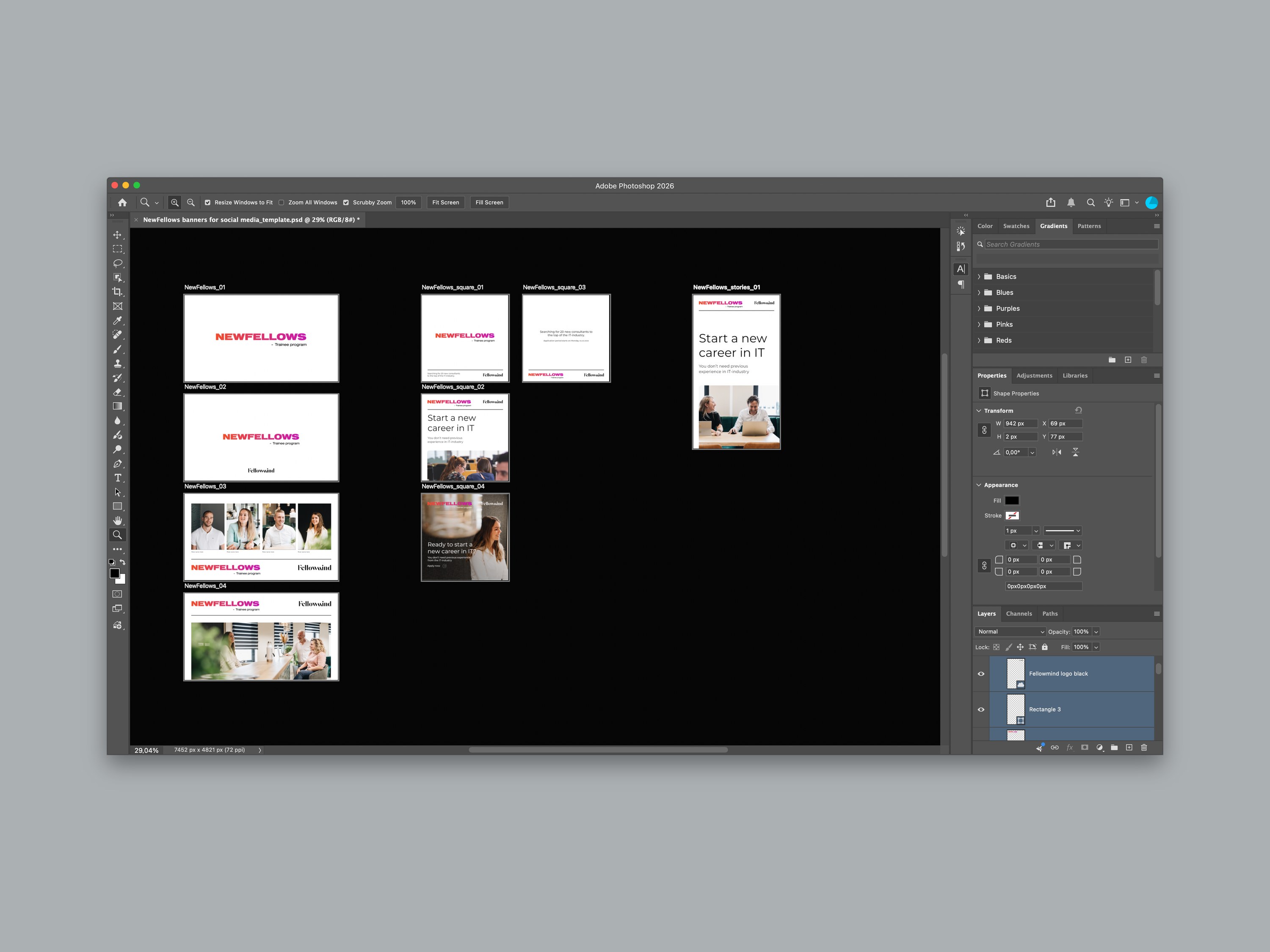 Photoshop file with the NewFellows social media banner templates in landscape, square and story formats